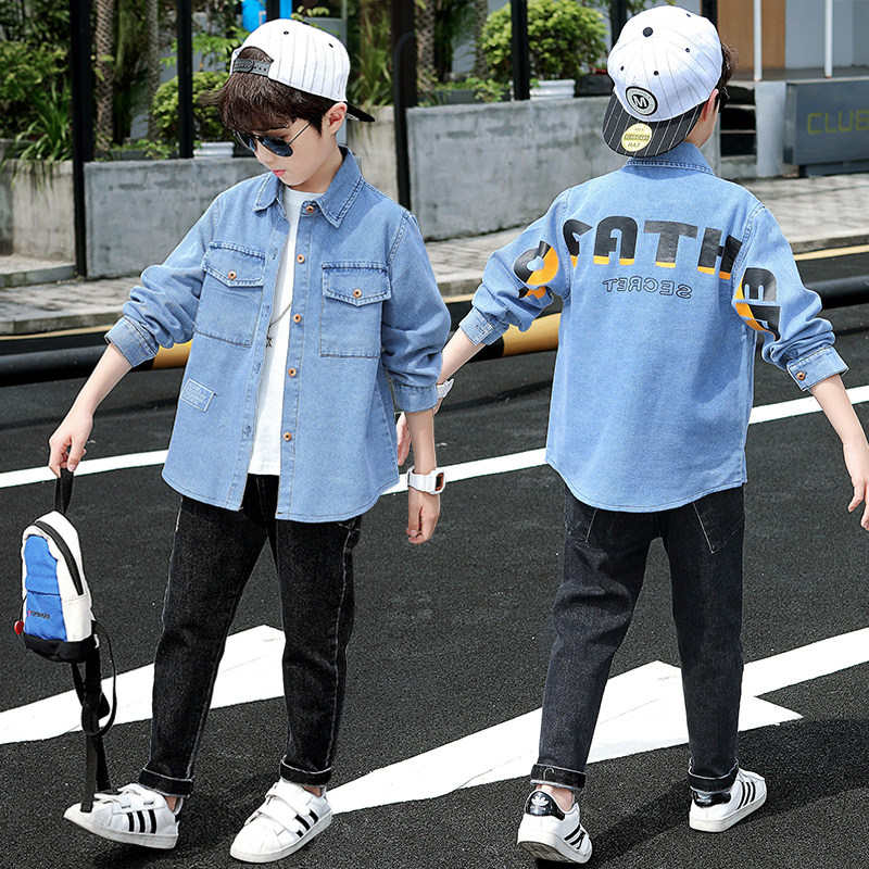 男童衬衫牛仔长袖衬衣2023新款春秋薄款外套10中大童12儿童装15岁