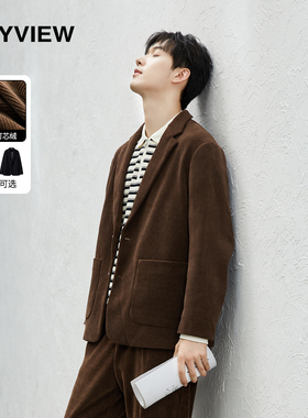 灯芯绒休闲西装男春秋季韩版潮流宽松休闲商务小西服复古坑条外套