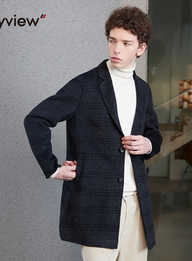 Anyview男装休闲青年外套英伦格子西装领中长款冬装大衣2251D1007