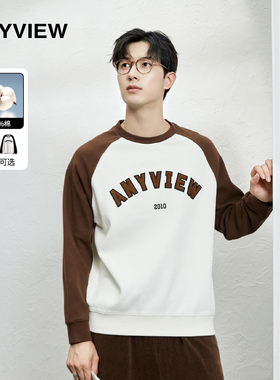 专柜同款ANYVIEW秋季美式复古卫衣男士圆领字母印花插肩tee长袖