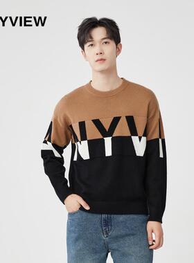 ANYVIEW专柜同款撞色圆领毛衣休闲字母拼色潮版针织衫秋冬打底衫