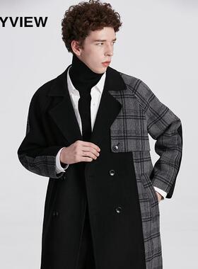 专柜同款ANYVIEW双面呢大衣男士西装领格子撞色中长款呢大衣商务