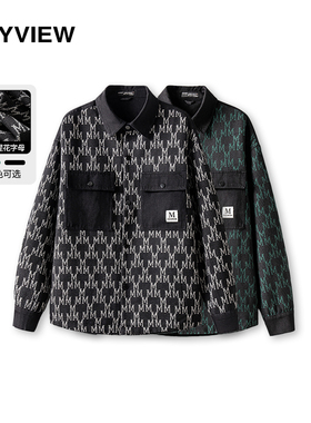 2024春装新款男士夹克字母提花翻领夹克青年青少年休闲外套大布兜