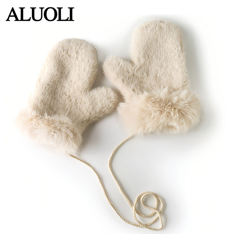 毛绒手套女冬季2024新款可爱连指保暖防寒学生韩系挂脖滑雪毛茸茸