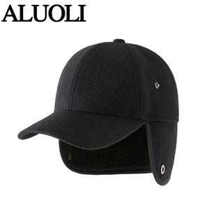 男士帽子冬季毛呢棒球帽高端品牌加绒加厚鸭舌帽中老年大头围护耳