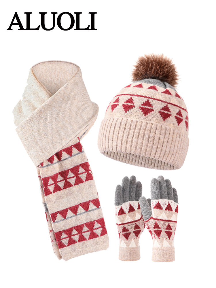 가을과 겨울 소녀들을 위한 캐시미어 모자 스카프 장갑 3종 세트 여자친구를 위한 학생 다용도 따뜻한 울 겨울 선물 상자
