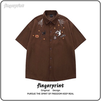 2026年新品日系复古灯芯绒条纹刺绣衬衫男夏季短袖少年感穿搭衬衣