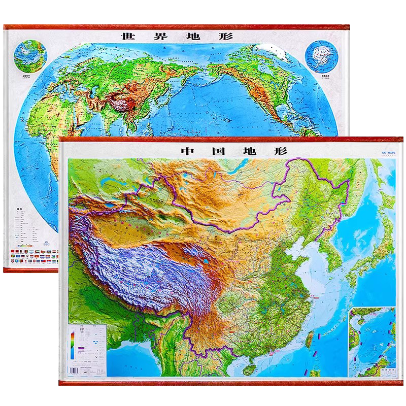 3d立体世界地图和中国地图办公室挂壁画超大精雕版客厅装饰画