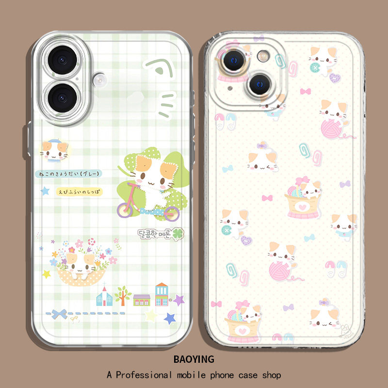 棉花糖猫适用苹果16手机壳iphone15韩系13小众14plus高级11Promax透明12mini可爱x萌物xr套xs超萌8四叶草7p软