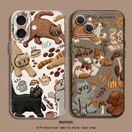 仿刺绣猫咪适用小米17promax手机壳note15pro+小狗14红米k90k80至尊k70k60秋冬turbo4毛绒13氛围感12s男11t女