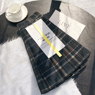 百褶裙女春季短款毛呢短裙格子高腰显瘦格子裙a字半身裙裙裤学生