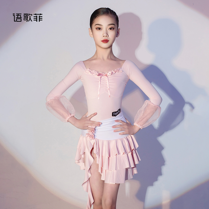 语歌菲拉丁舞服女童新款秋冬长袖蛋糕裙高级感演出服连体练功服