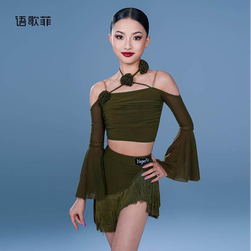 语歌菲拉丁舞服女童吊带花朵网纱喇叭袖流苏裙2025新款练功服套装