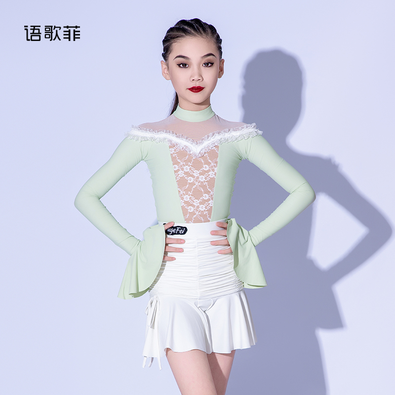语歌菲拉丁舞服女童秋冬网纱蕾丝拼接上衣时尚褶皱半裙长袖练功服