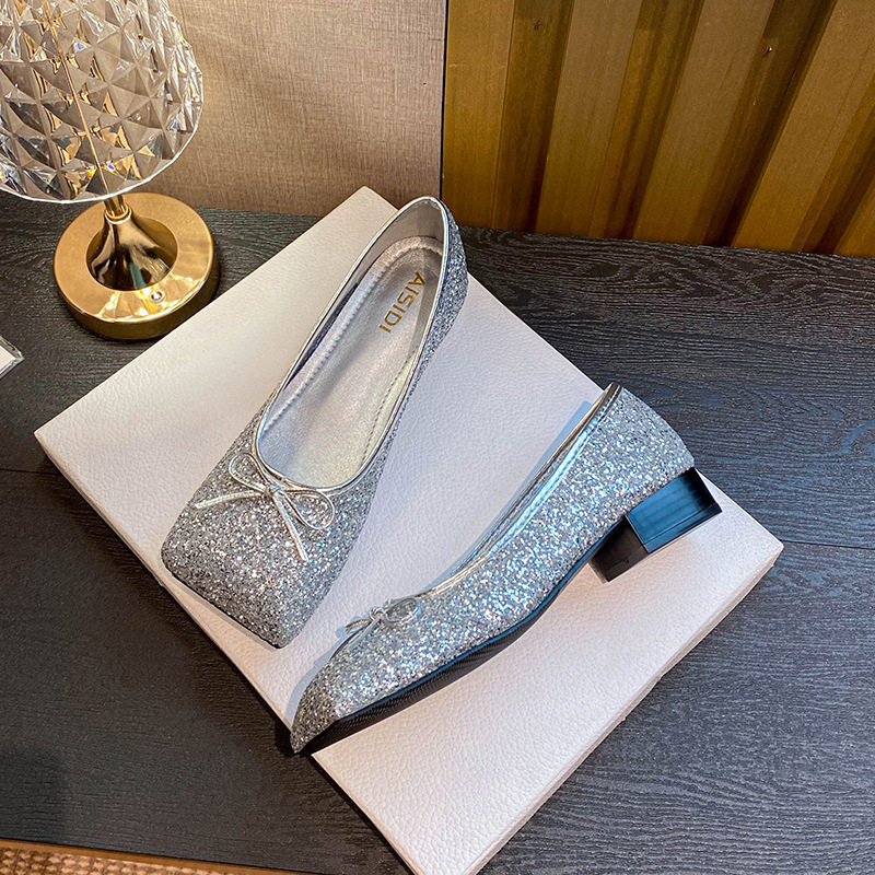 法式方头低跟玛丽珍单鞋女2025年新款夏季银色亮片蝴蝶结瓢鞋大码,女鞋,浅口单鞋,淘宝优惠券,粉丝福利购,淘宝优惠卷