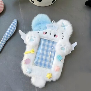 可爱毛绒卡套天使猫恶魔兔卡套三寸拍立得小卡照片收纳保护套挂件