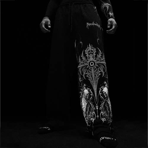 美式宽松直筒大图案印花男长裤棉