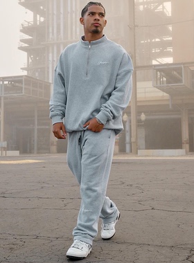 YOUNGLA秋冬季宽松男套装户外休闲二件套吸湿排汗灰色衣服跑步服