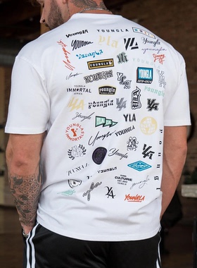 YOUNGLA潮流印花宽松休闲t恤名人墙户外跑步百搭短袖篮球上衣白色