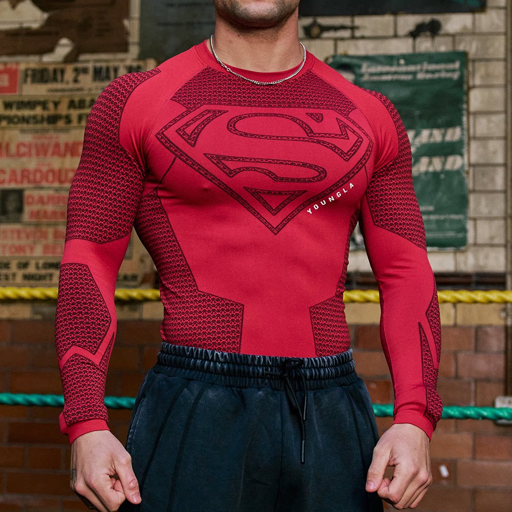 YOUNGLA联名超人紧身肌肉t恤速干高弹力压缩衣健身房撸铁锻炼长袖