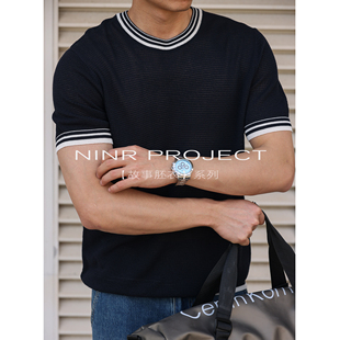 ninr奈刃【天丝亚麻】意式老钱针织短袖T恤衫男士撞色领口打底衫