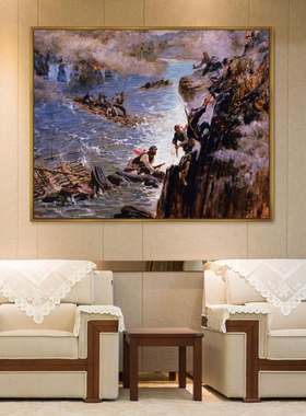 强渡乌江长征主题红色革命题材油画党建文化墙宣传画办公室挂画