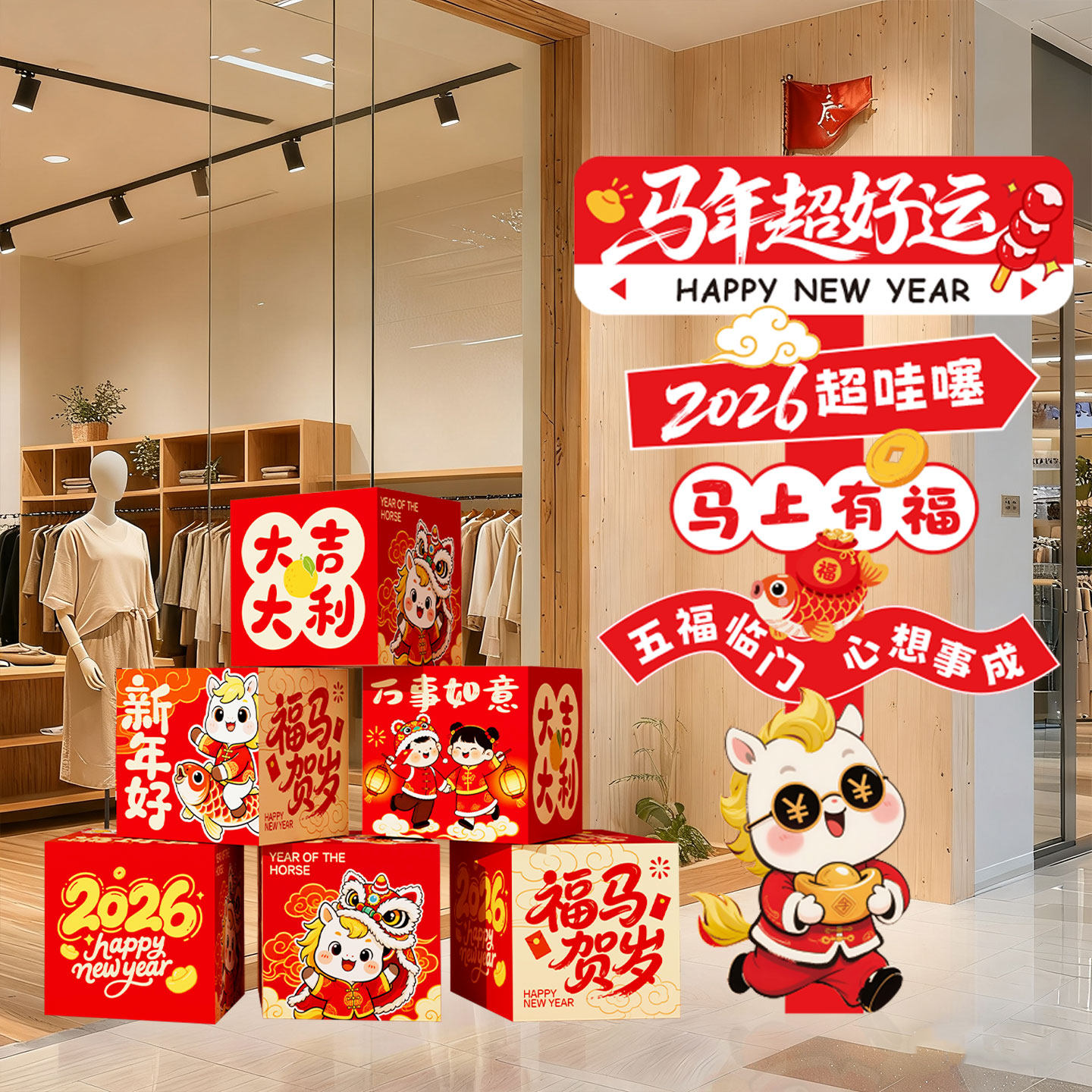 2026马年新年商场活动装饰摆件KT板地堆盒幼儿园装扮五福临门立牌