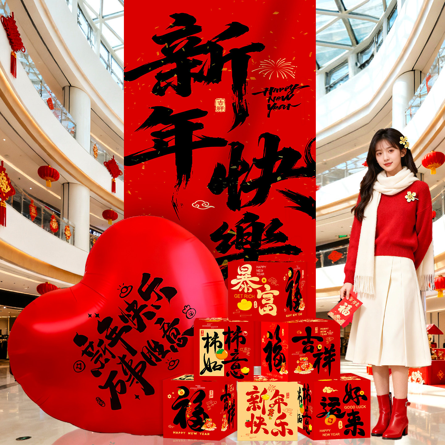 2026新年商场装饰场景布置挂布条幅迎宾牌kt板爱心气球盒子背景墙,节庆用品/礼品,节日装扮用品,淘宝优惠券,粉丝福利购,淘宝优惠卷