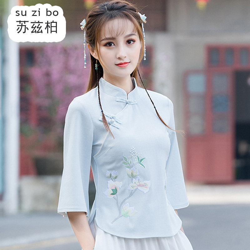 民族风复古闺蜜装改良旗袍上衣女春夏中式唐装绣花茶服汉服两件套