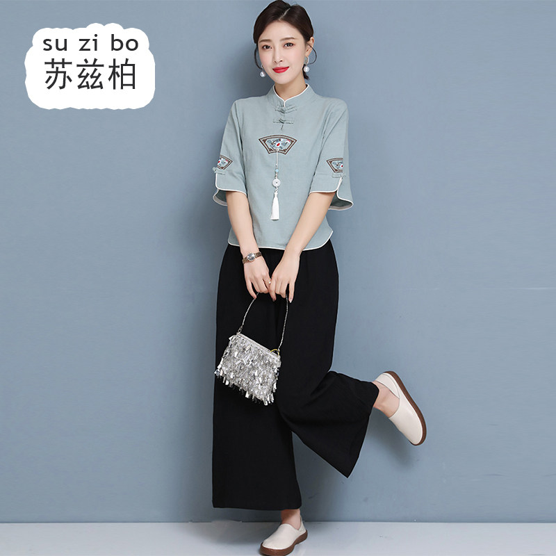 中式唐装瑜伽服禅修服中国风禅意女装复古棉麻茶服采耳服两件套