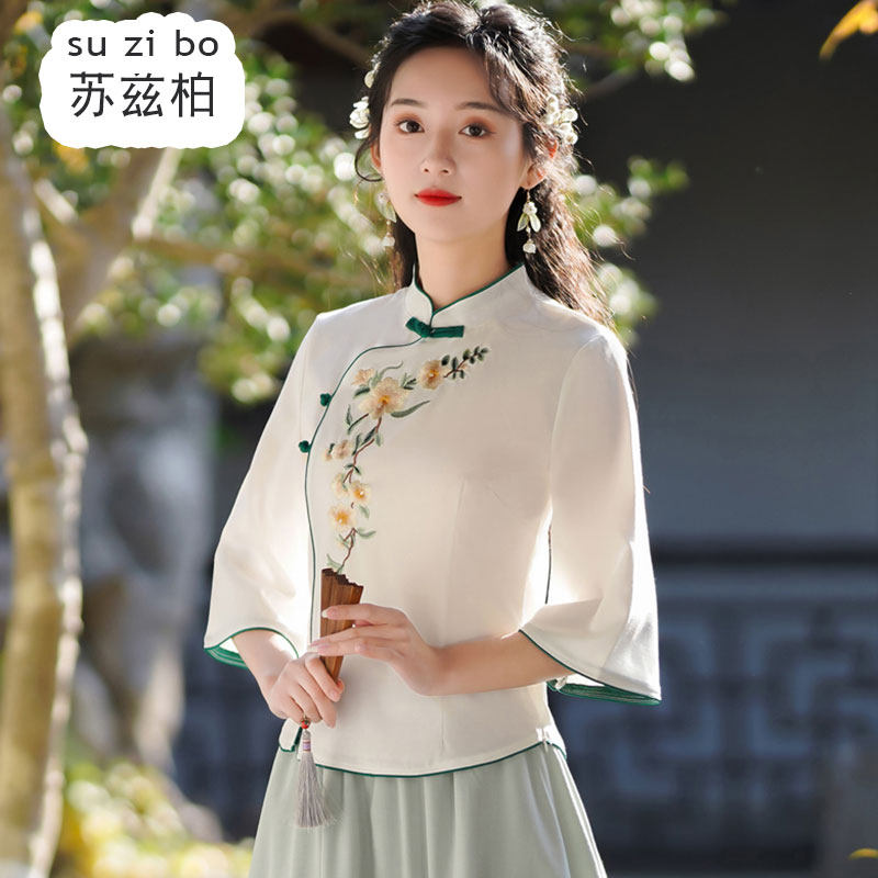 春夏汉服中国风改良中式旗袍立领上衣民国复古绣花唐装茶艺服套装