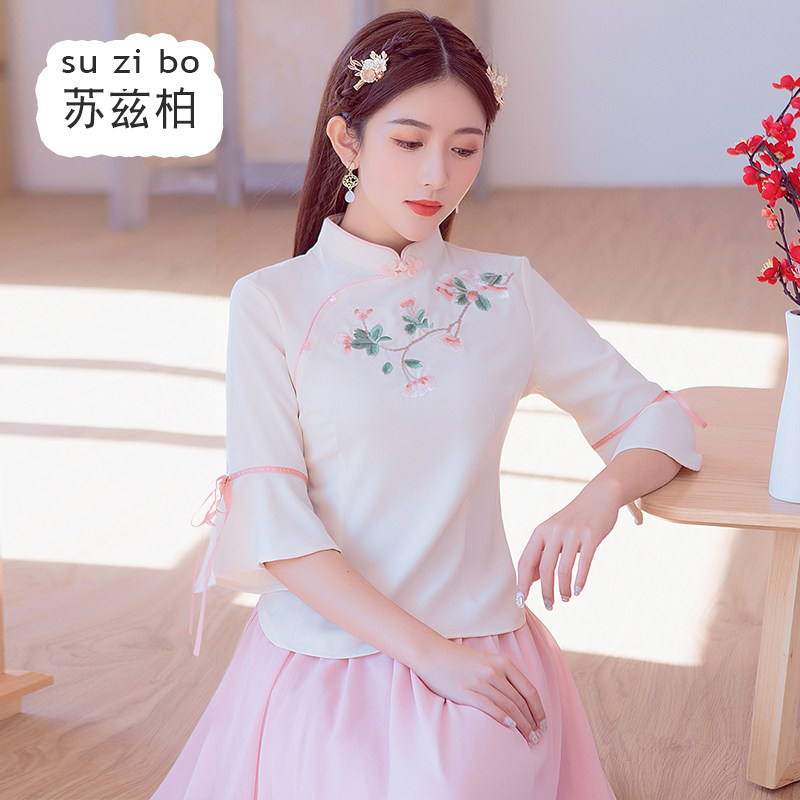 民国风女装改良汉服年轻旗袍上衣复古唐装中国风绣花茶服两件套