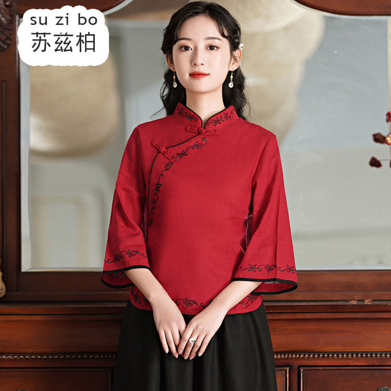 中国风汉服改良版旗袍斜襟上衣演出服民国复古盘扣红色唐装女茶服