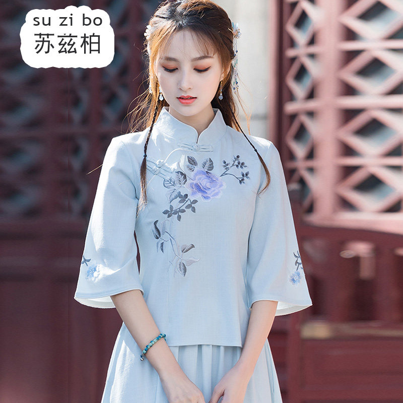 闺蜜装汉服民国复古唐装改良旗袍上衣中国风大码绣花茶服两件套女