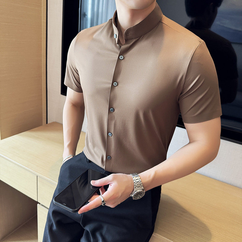 中式立领无痕衬衫冰丝暗条纹修身高级短袖衬衣2806-P63,男装衬衫,星座1606