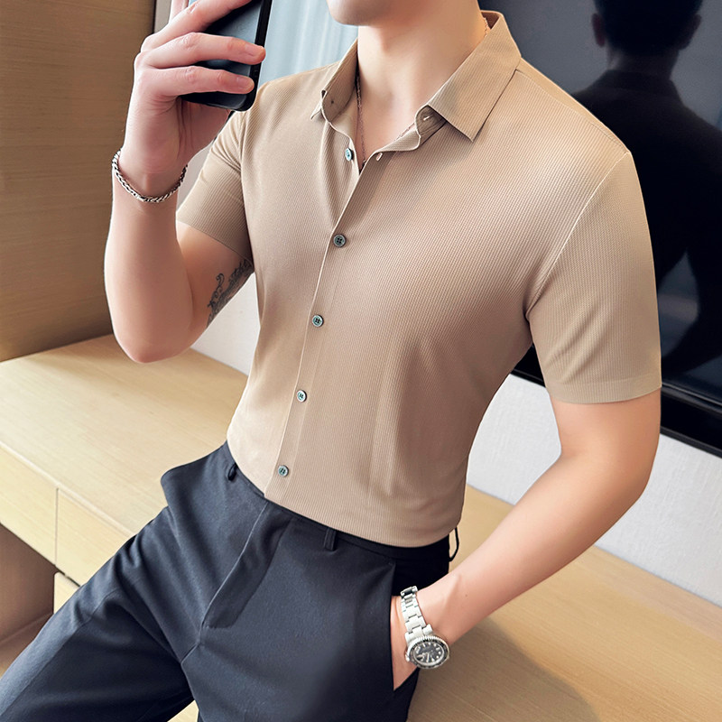 肌理纹冰丝高弹无痕衬衫修身短袖衬衣男2807-P63,男装衬衫,星座1606