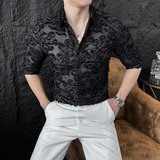 时尚网红蕾丝中袖衬衫新款夏装修身半镂空HF08-P55，男装衬衫，星座1606