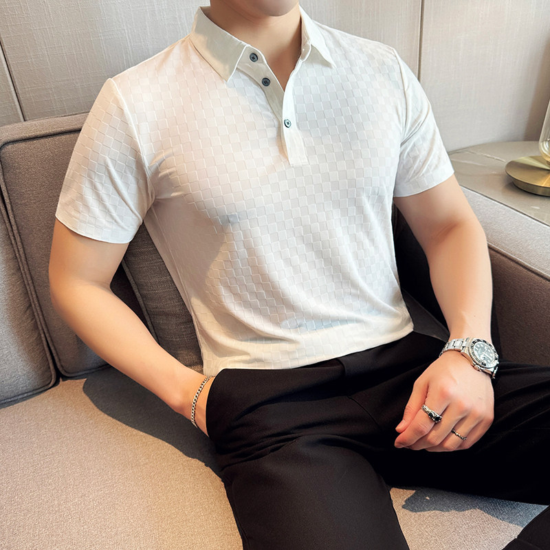 棋盘格冰丝无痕PLO衫高弹上衣男短袖2813-P58,男装Polo衫,星座1606