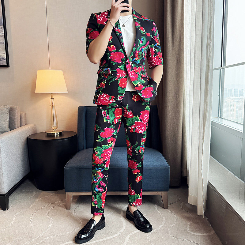 东北大花修身男士短袖西服九分裤西装套装2402-P185,男装西服套装,星座1606