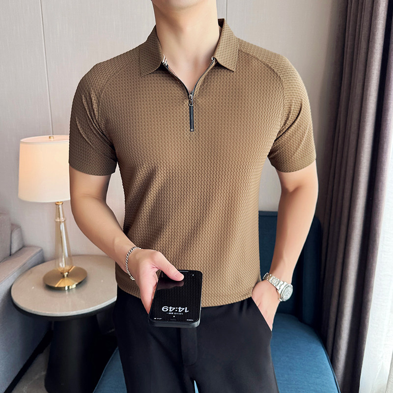 华夫格冰丝无痕PLO衫拉链上衣男短袖2818-P63,男装Polo衫,星座1606