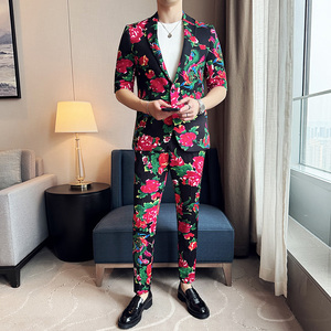 东北大花修身男士短袖西服九分裤西装套装2402-P185图片