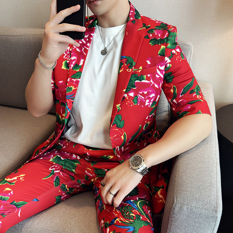 东北大花修身男士短袖西服九分裤西装套装2402-P185,男装西服套装,星座1606