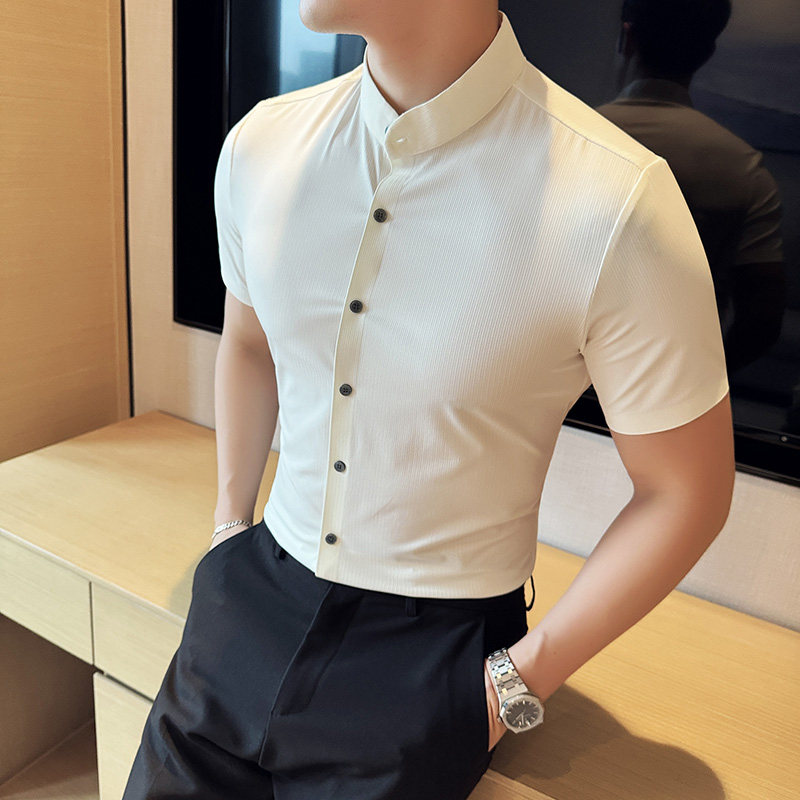 中式立领无痕衬衫冰丝暗条纹修身高级短袖衬衣2806-P63,男装衬衫,星座1606