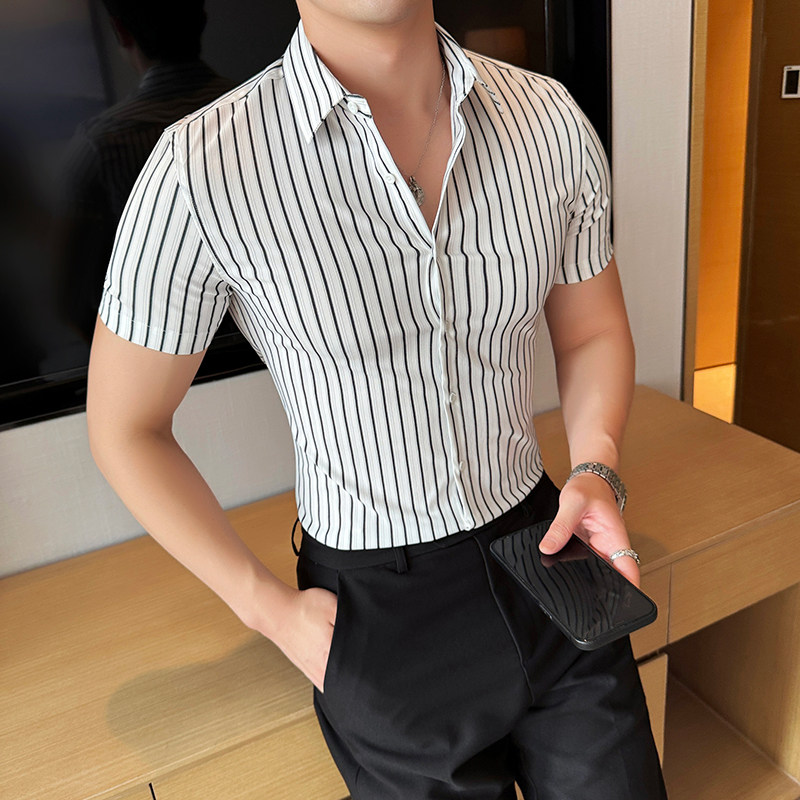 条纹高级衬衫高弹力修身衬衣男短袖CS03-P62,男装衬衫,星座1606