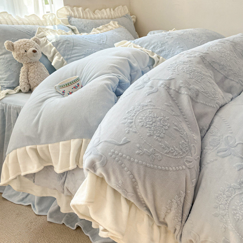雕花冬季加绒牛奶绒床上四件套加厚双面珊瑚法兰绒被套公主风床裙,床上用品,床品套件/四件套/多件套,淘宝优惠券,粉丝福利购,淘宝优惠卷