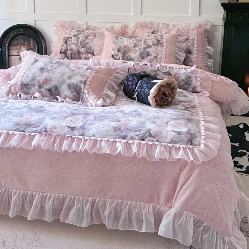 法式冬季高级加厚牛奶绒四件套公主风双面毛绒蕾丝被套珊瑚绒床裙