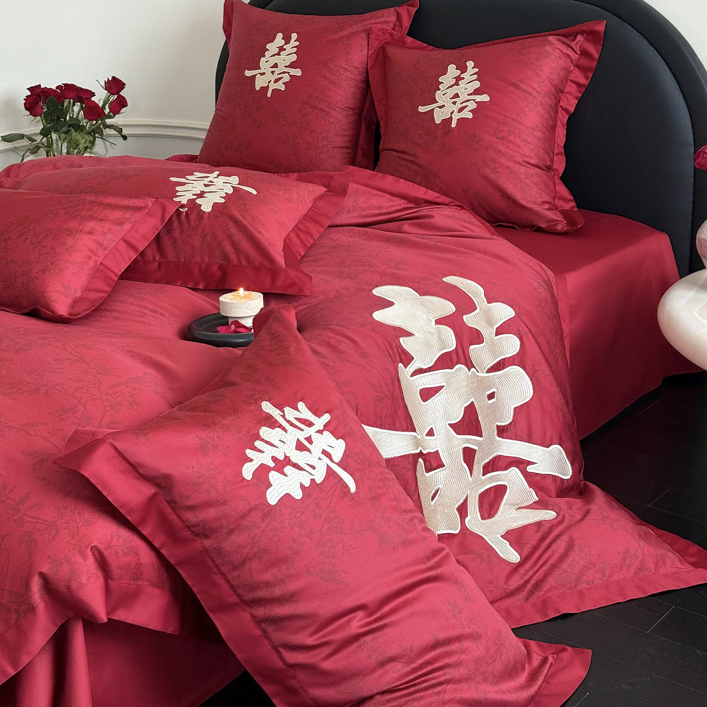 本罗兰家纺中式金色浪漫婚庆四件套100S纯棉被套红色刺绣结婚陪嫁