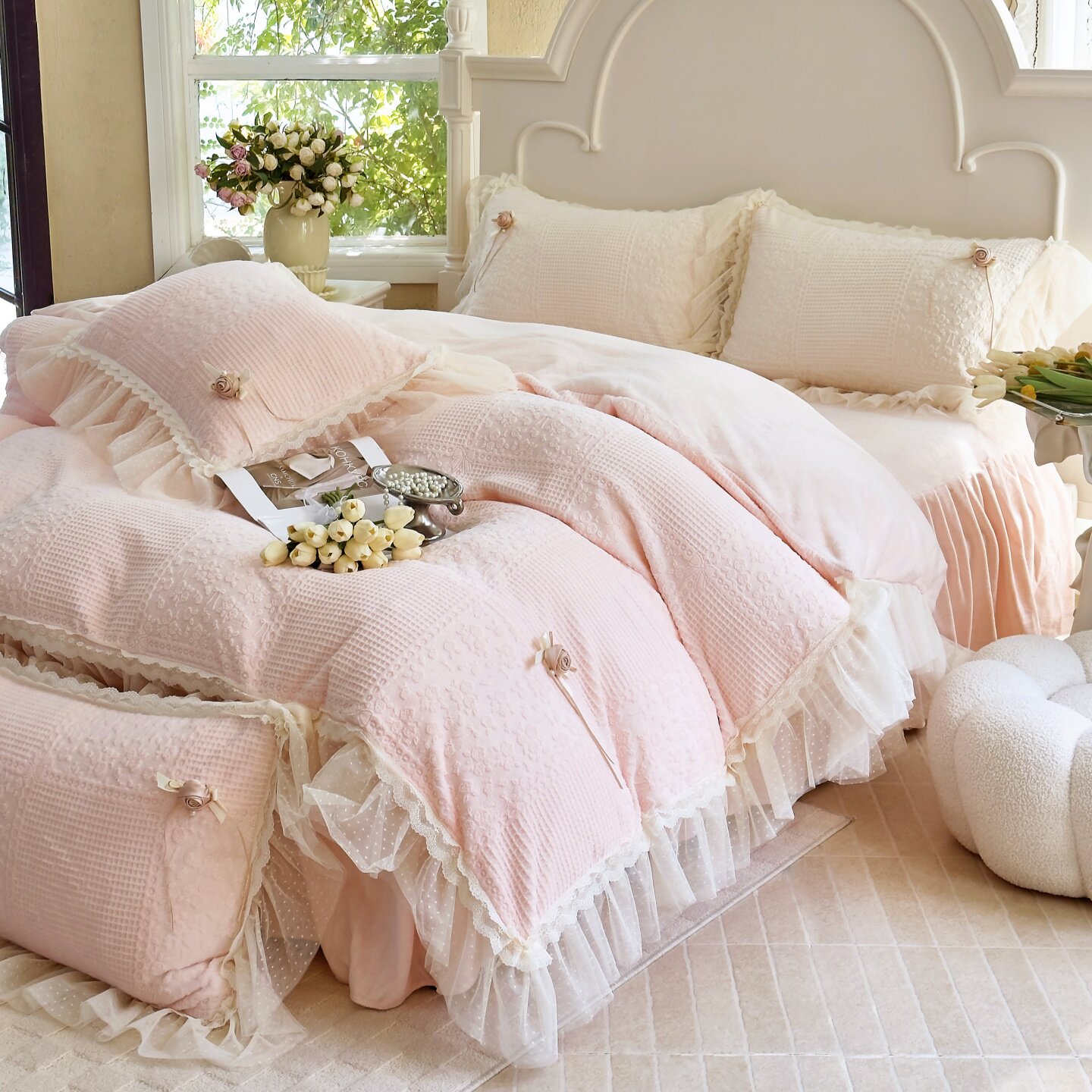 高档法式冬季蕾丝花边公主风雕花绒四件套加厚牛奶绒珊瑚绒少女心