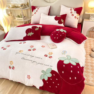 少女心猫咪冬季高端刺绣牛奶绒四件套卡通儿童珊瑚绒冬款床上用品