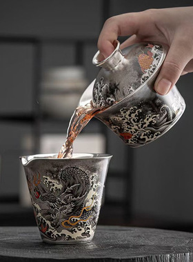 鱼化墨龙陶瓷鎏银公道杯中式复古功夫茶具送礼茶道配件分茶器茶海